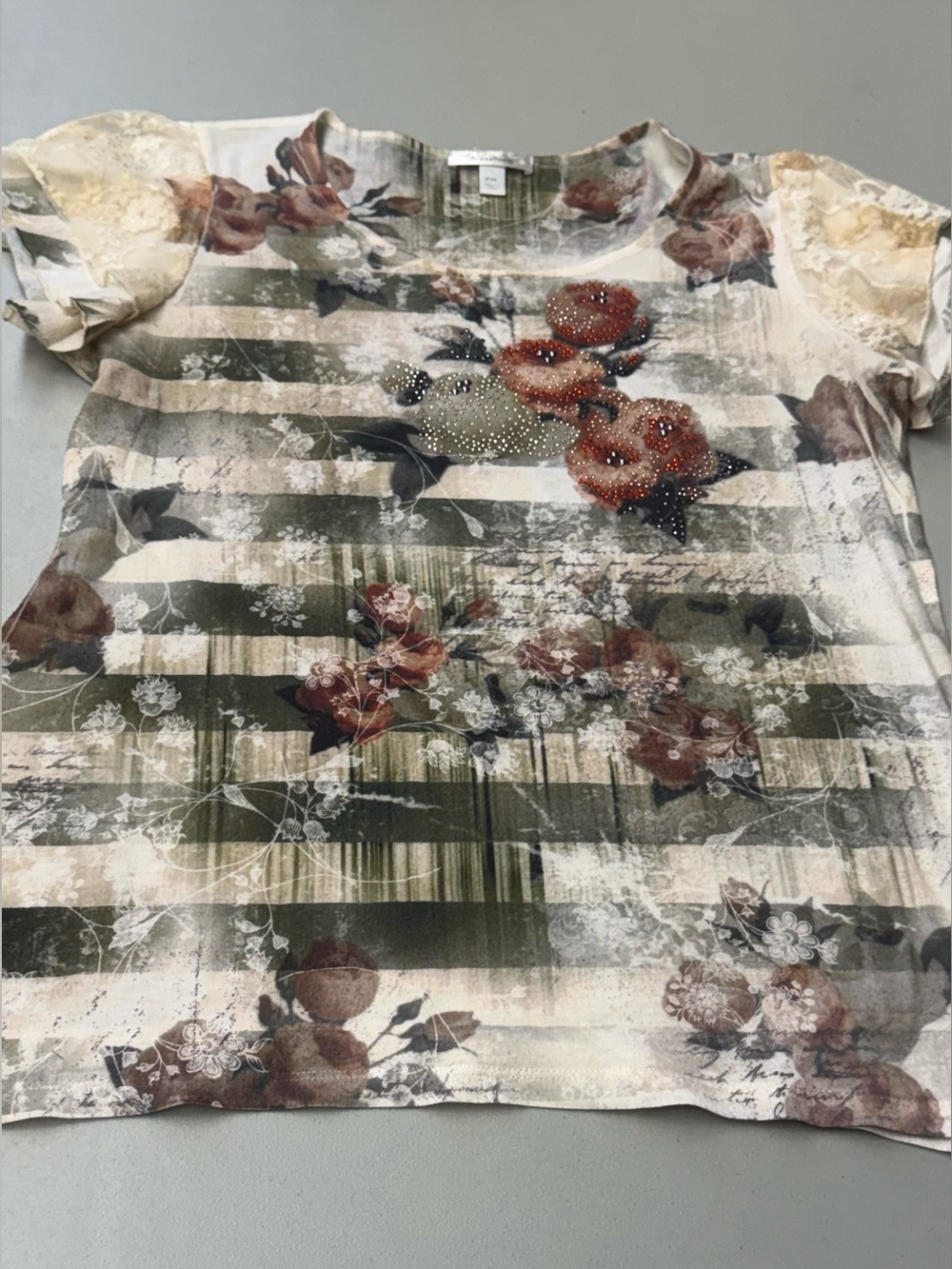 dressbarn Olive, Cream & Rust Floral Stripe Short Sleeve Top